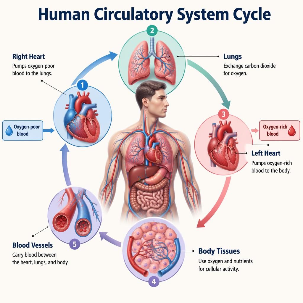 Isometric 3D infographic of the human circulatory system cycle with torso, heart, lungs, vessels, arrows, and 5 labels.