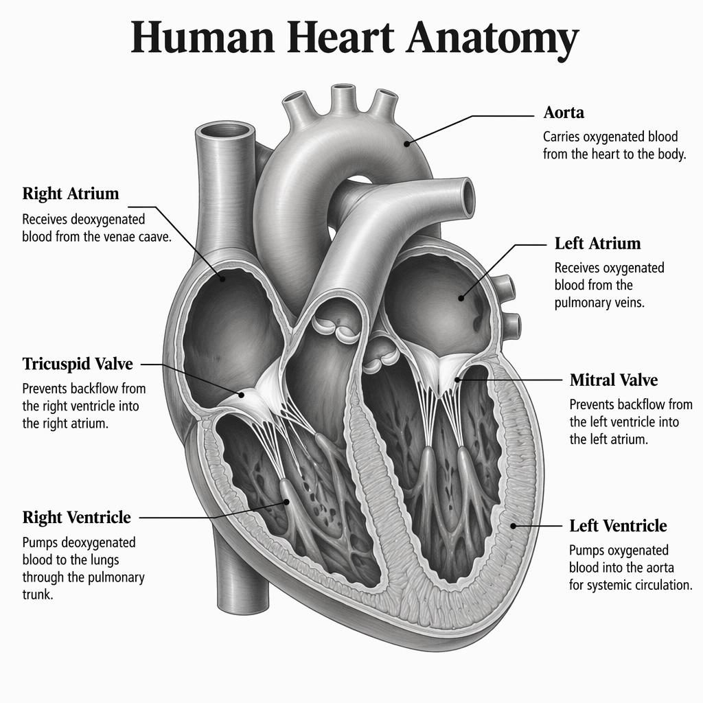 Grayscale human heart anatomy infographic with 7 labels, clean cross-section, leader lines, and textbook-style typography.