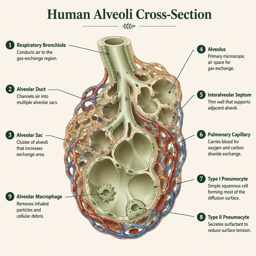 Clean medical infographic of a human alveoli cross-section with 9 labeled parts, bronchiole, alveolar duct, sacs, capillaries.
