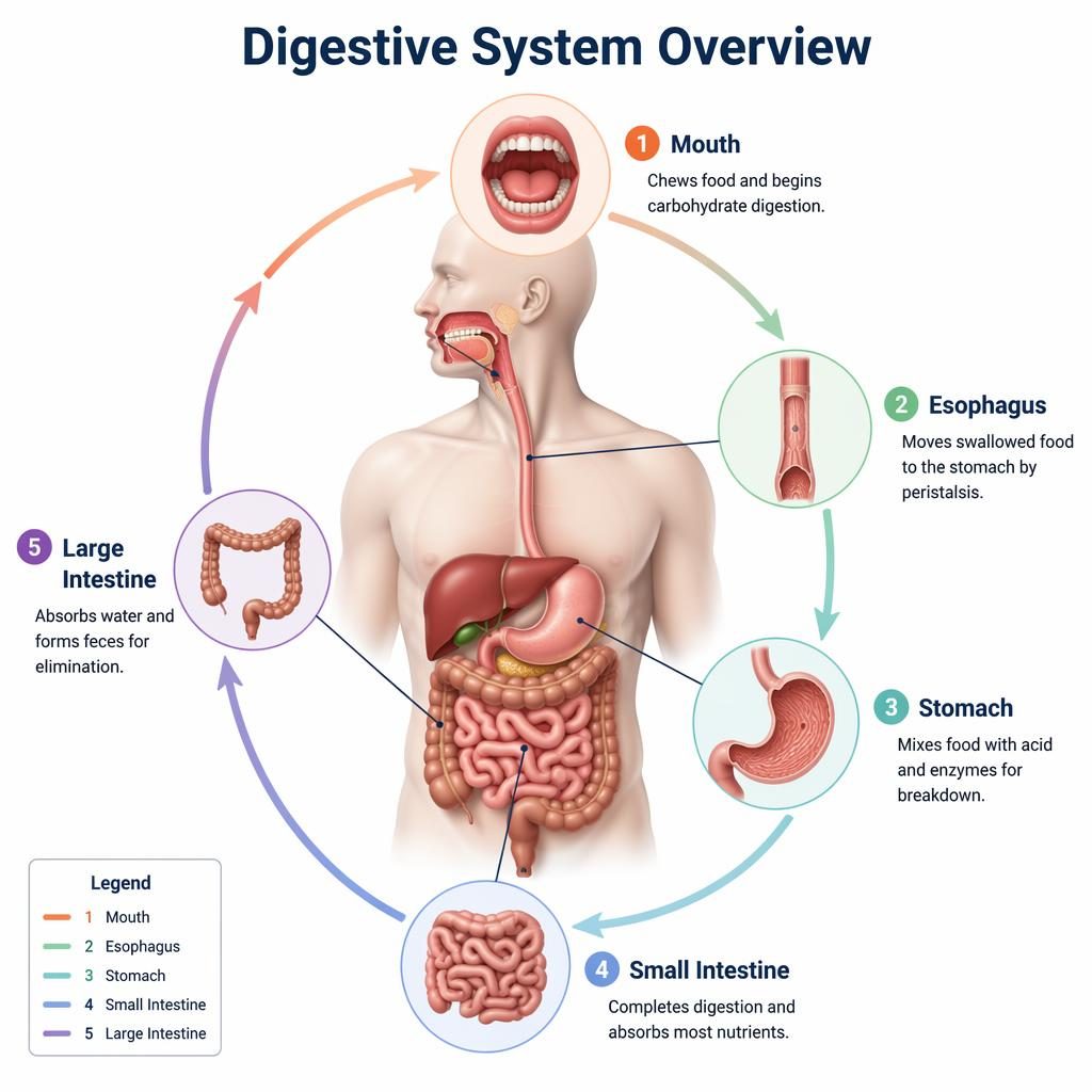 Isometric 3D digestive system infographic with circular labels for Mouth, Esophagus, Stomach, Small Intestine, Large Intestine.