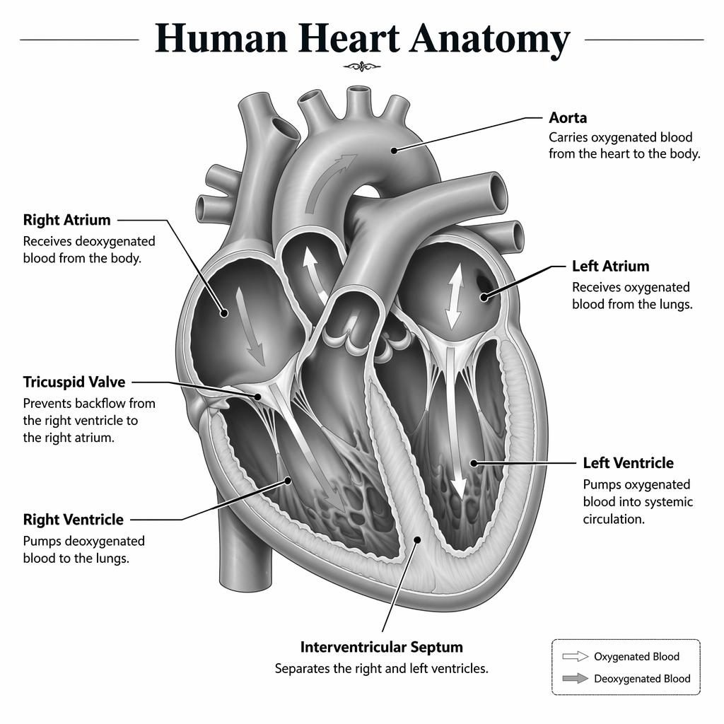 Monochrome human heart anatomy infographic with 7 labels, cutaway chambers, valves, septum, aorta, and flow arrows.