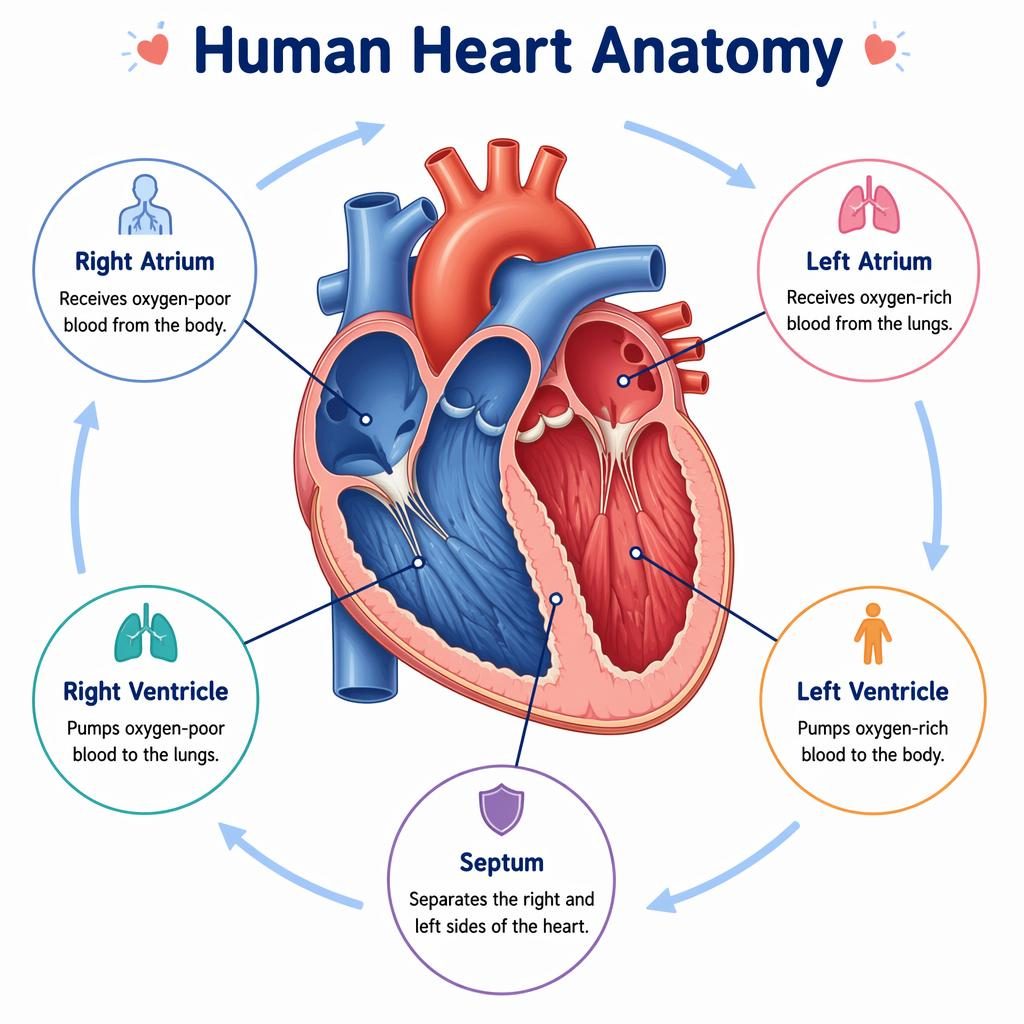 Educational human heart anatomy infographic with 3D isometric cross-section, 5 labeled parts, arrows, and pastel design.