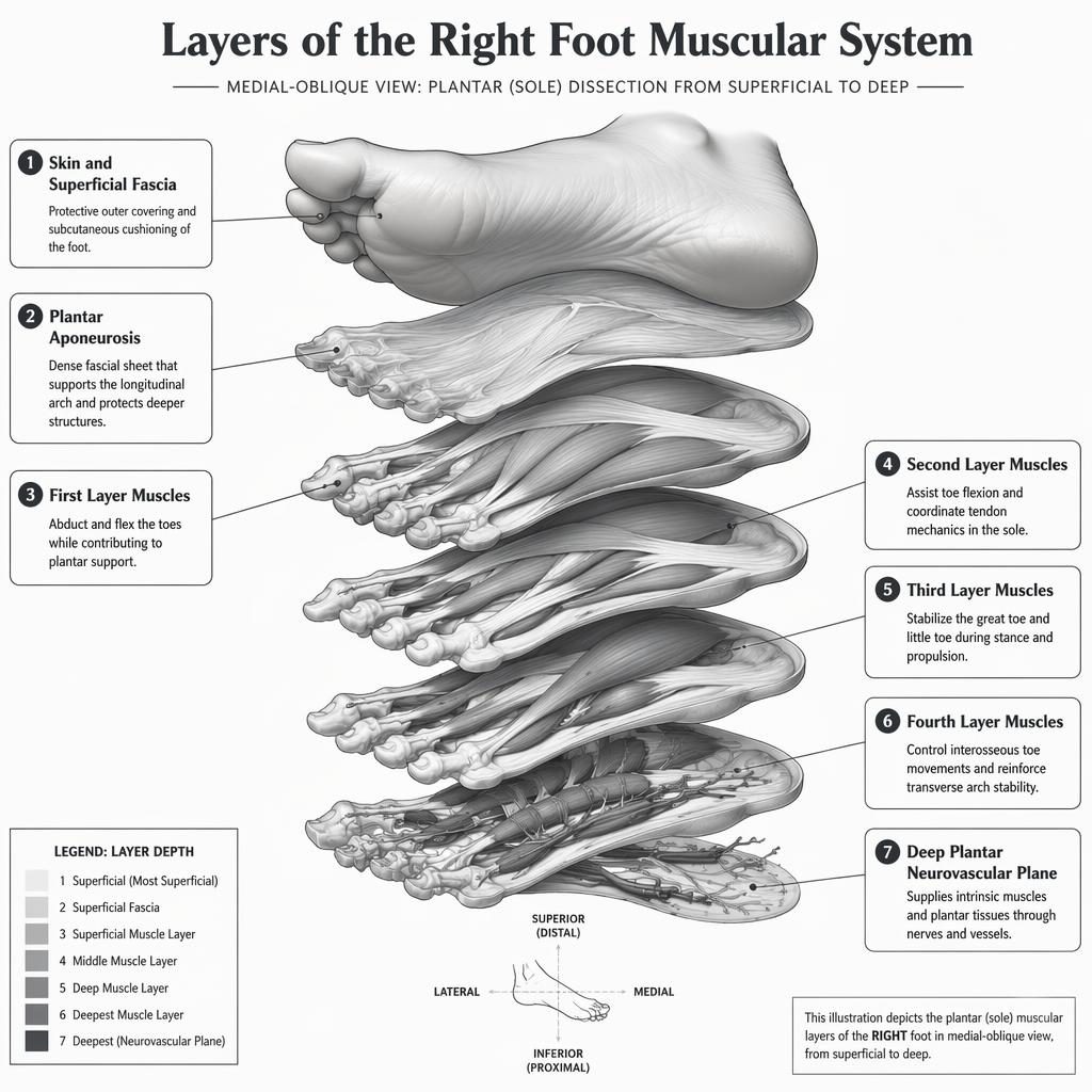 Medical infographic of right foot anatomy showing plantar muscle layers with 7 labeled callouts and depth legend.
