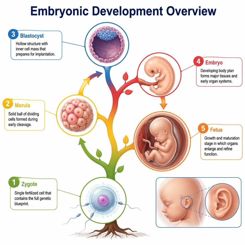 Scientific infographic of embryonic development with zygote, morula, blastocyst, embryo, fetus, and small ear labeled inset.