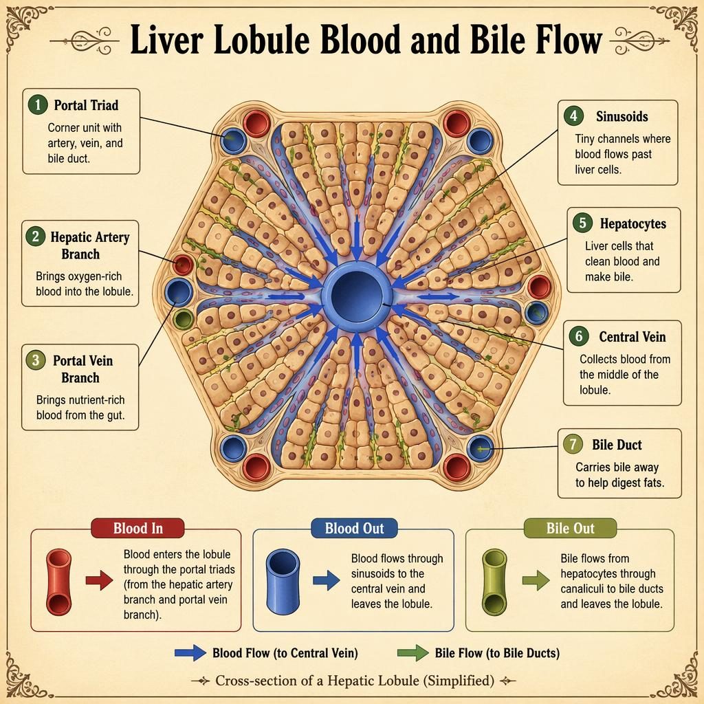 Vintage-style liver lobule infographic with labeled portal triads, sinusoids, hepatocytes, central vein, and bile flow arrows.