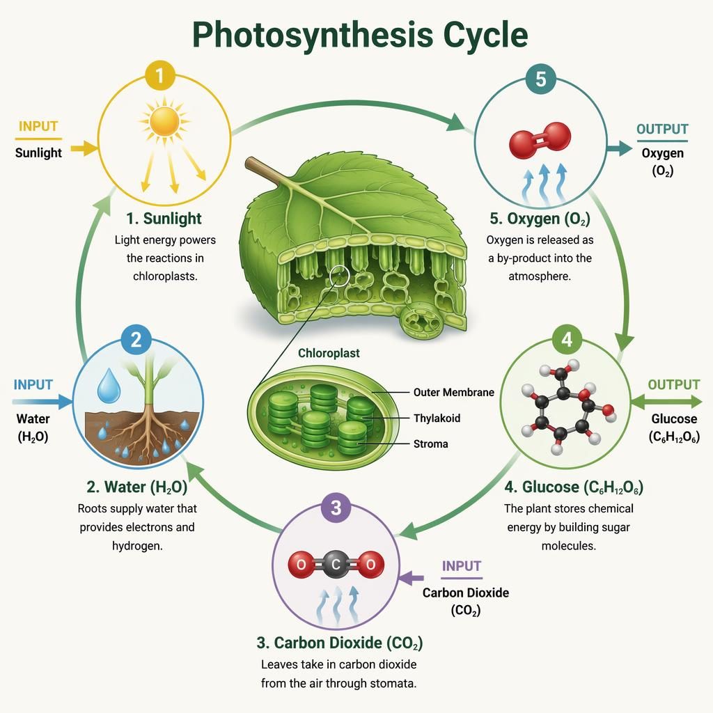 Isometric biology infographic showing the photosynthesis cycle with 5 labeled stages, arrows, leaf cutaway, and chloroplast detail.