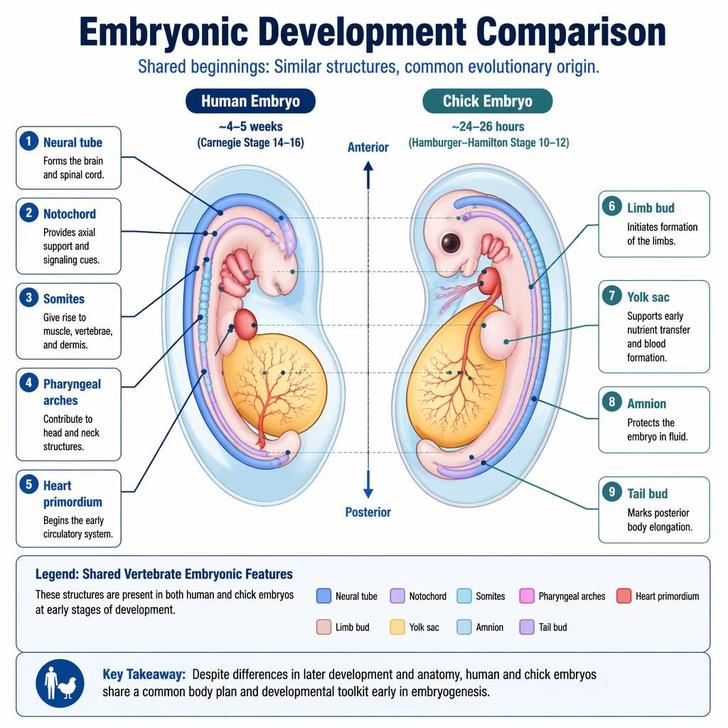 Side-by-side human and chick embryo development infographic with 9 labeled embryology structures and legend in blue tones.