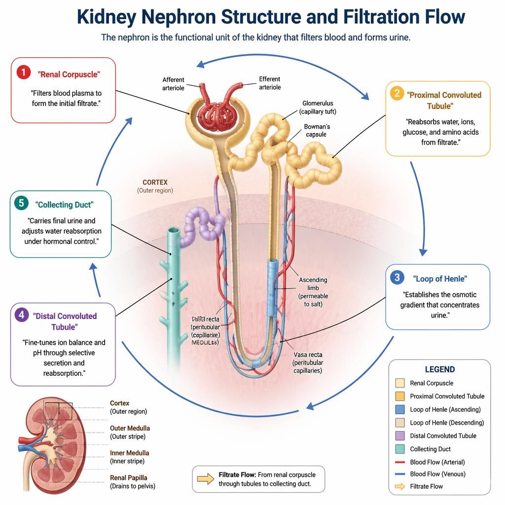 Isometric 3D kidney nephron infographic with 5 labeled filtration stages, circular arrows, and cortex-medulla cues.