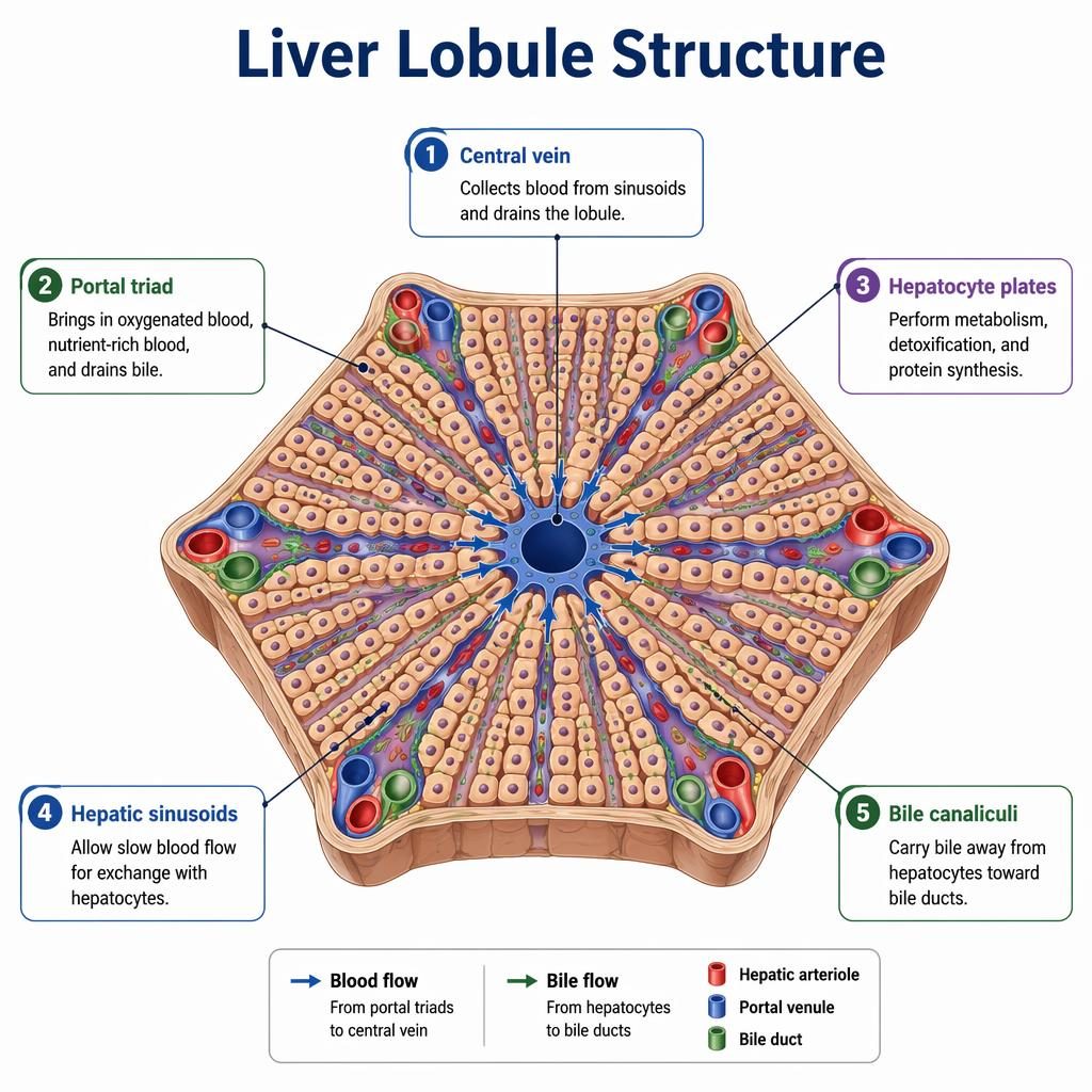 Labeled liver lobule anatomy infographic with central vein, portal triad, hepatocyte plates, sinusoids, and bile canaliculi.
