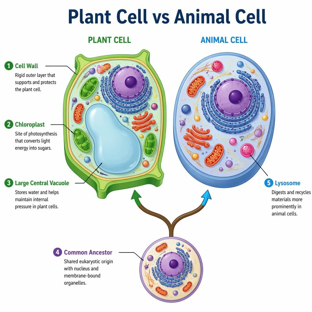 Modern textbook infographic comparing plant and animal cells with a branching common ancestor and five labeled callouts.