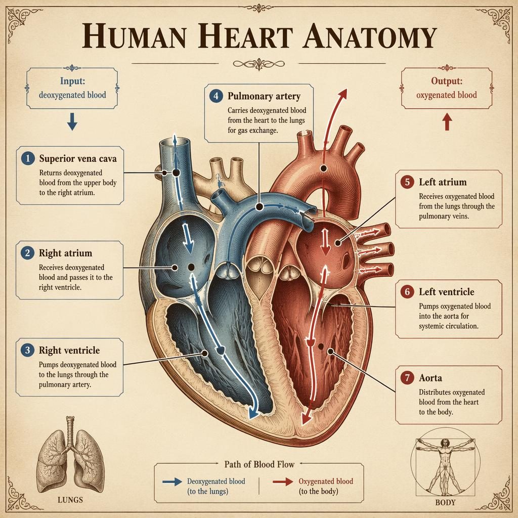 Vintage-style human heart anatomy infographic with labeled chambers, vessels, and blood flow arrows on a sepia paper background.
