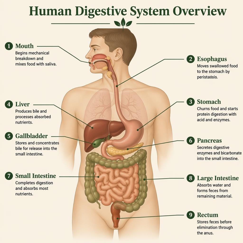 Educational human digestive system infographic with 9 labeled organs, leader lines, flat anatomy diagram, and beige background.