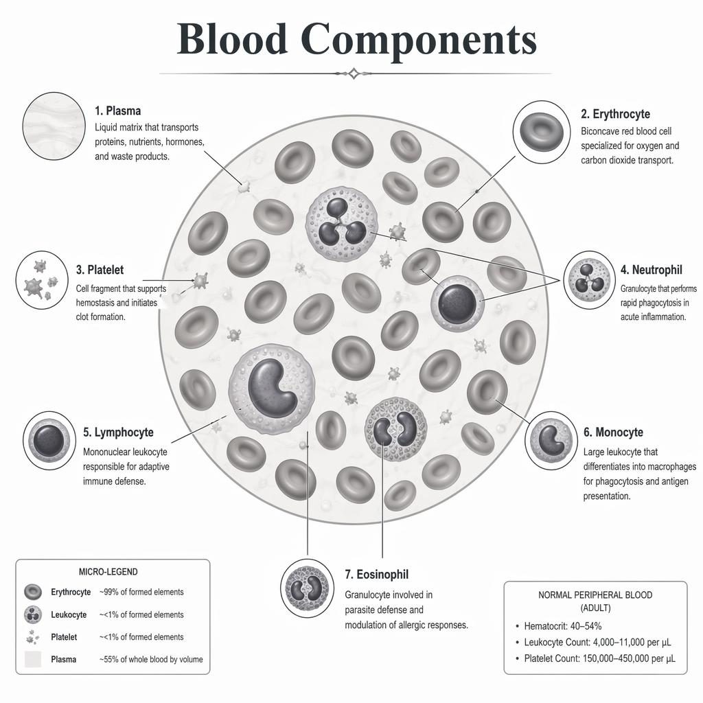 Scientific blood components infographic with labeled plasma, erythrocyte, platelet, neutrophil, lymphocyte, monocyte, eosinophil.