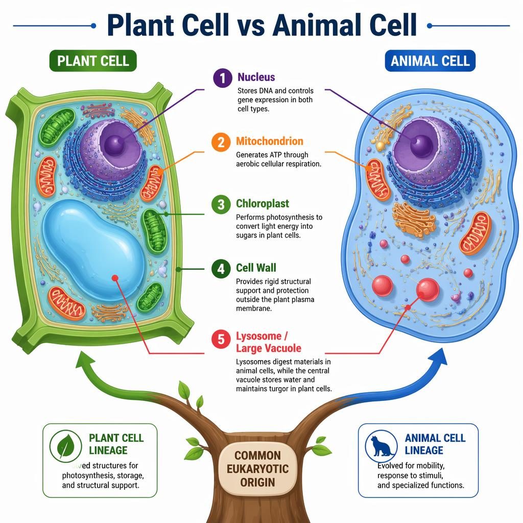 Vector infographic comparing plant and animal cells from a shared eukaryotic ancestor with 5 labeled organelles.