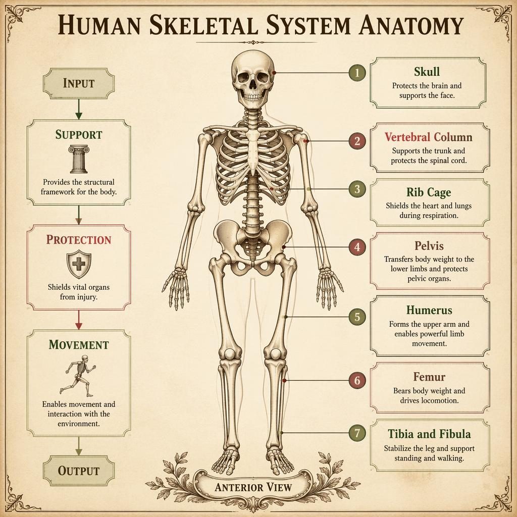 Vintage anatomy infographic of the full human skeleton with 7 labeled parts, leader lines, and support, protection, movement markers.