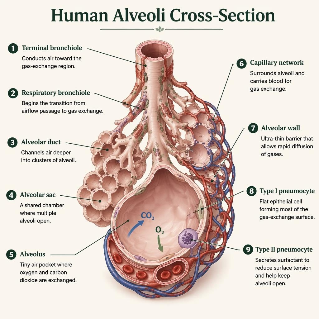 Educational anatomy infographic of a human alveoli cross-section with 9 labeled respiratory structures and leader lines.