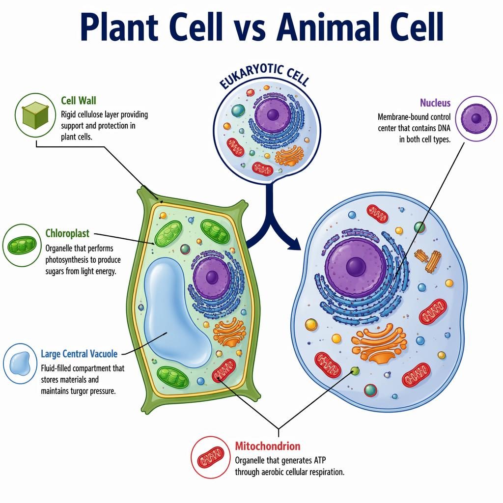 Educational infographic comparing plant and animal cells in a branching tree layout with 5 labeled organelles on white.