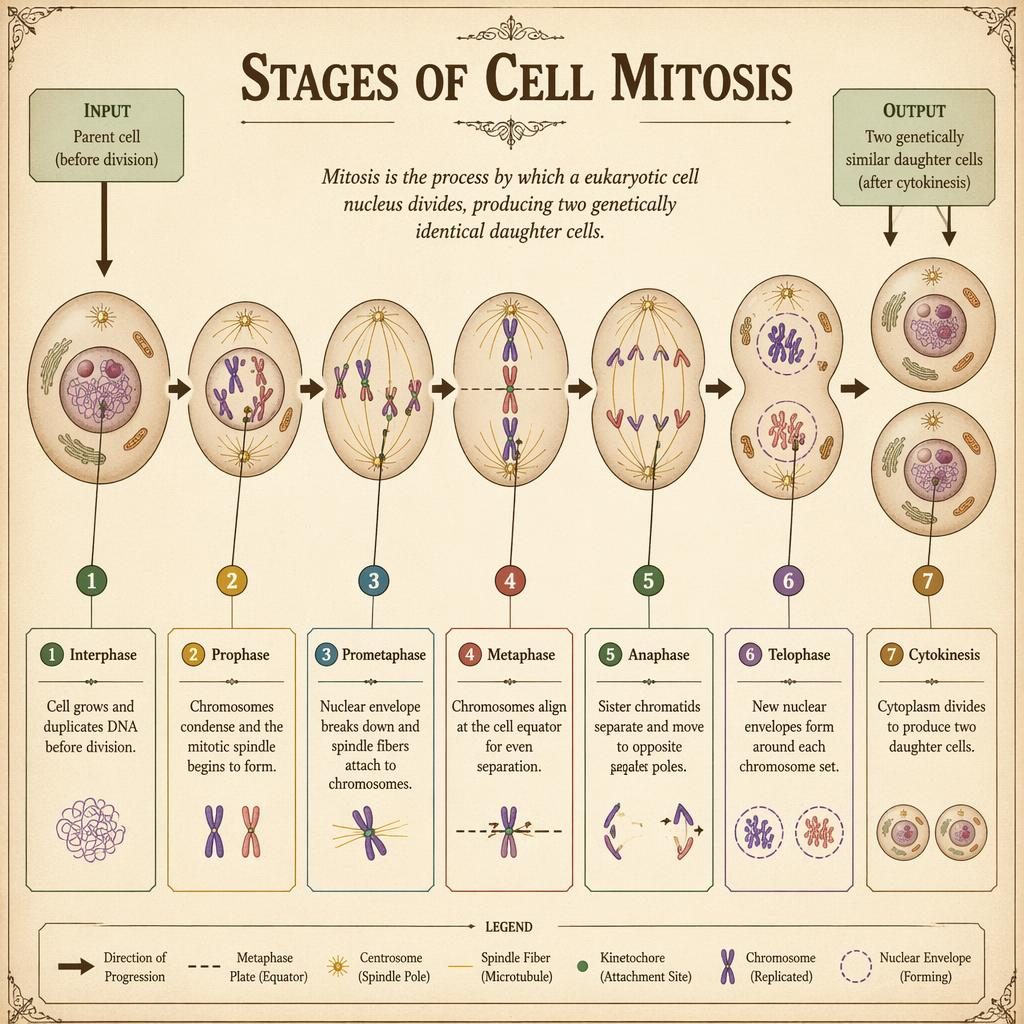 Vintage scientific infographic showing 7 stages of cell mitosis from input parent cell to output daughter cells.