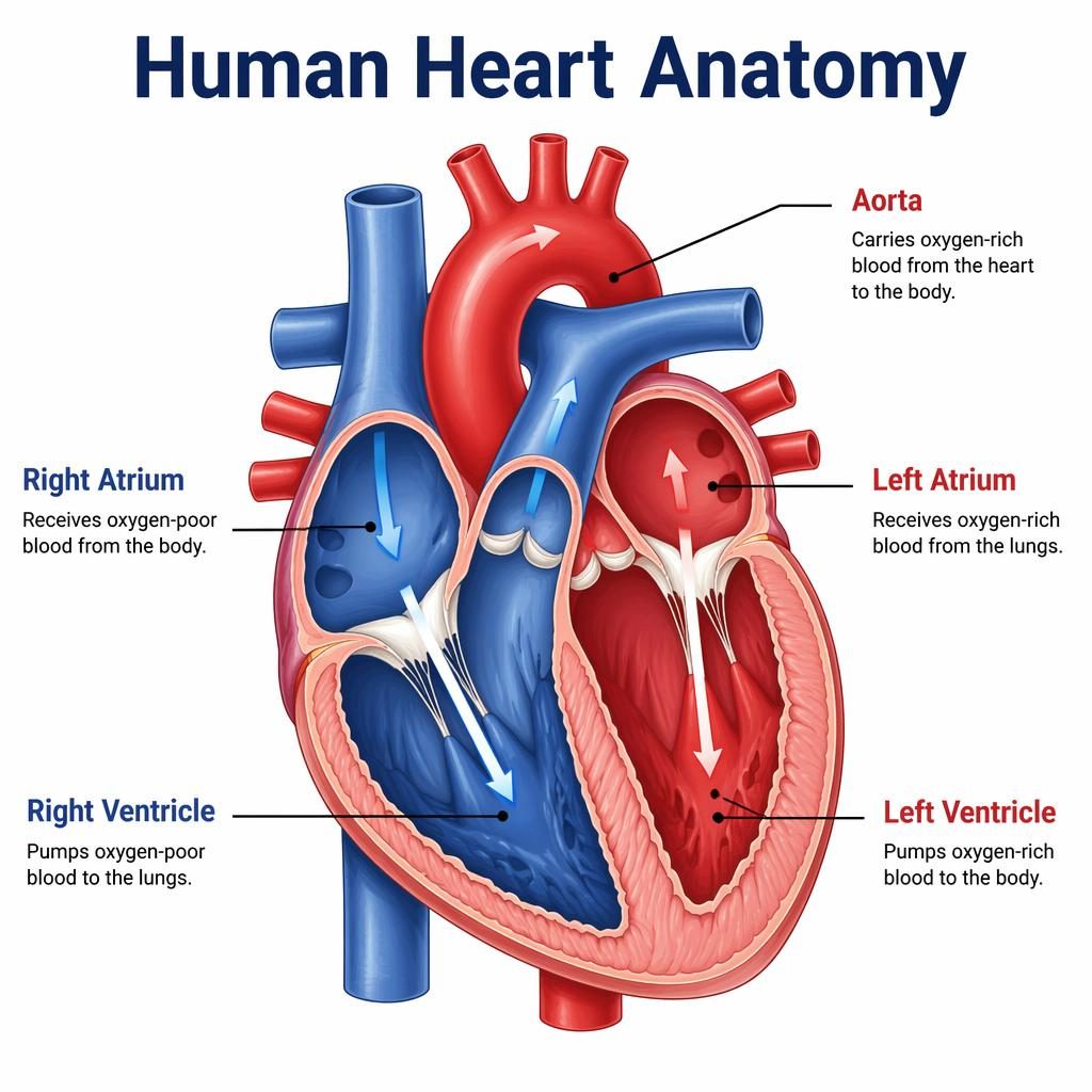 Clean anatomical diagram infographic of a human heart cross-section with 5 labeled parts, valves, vessels, and flow arrows.