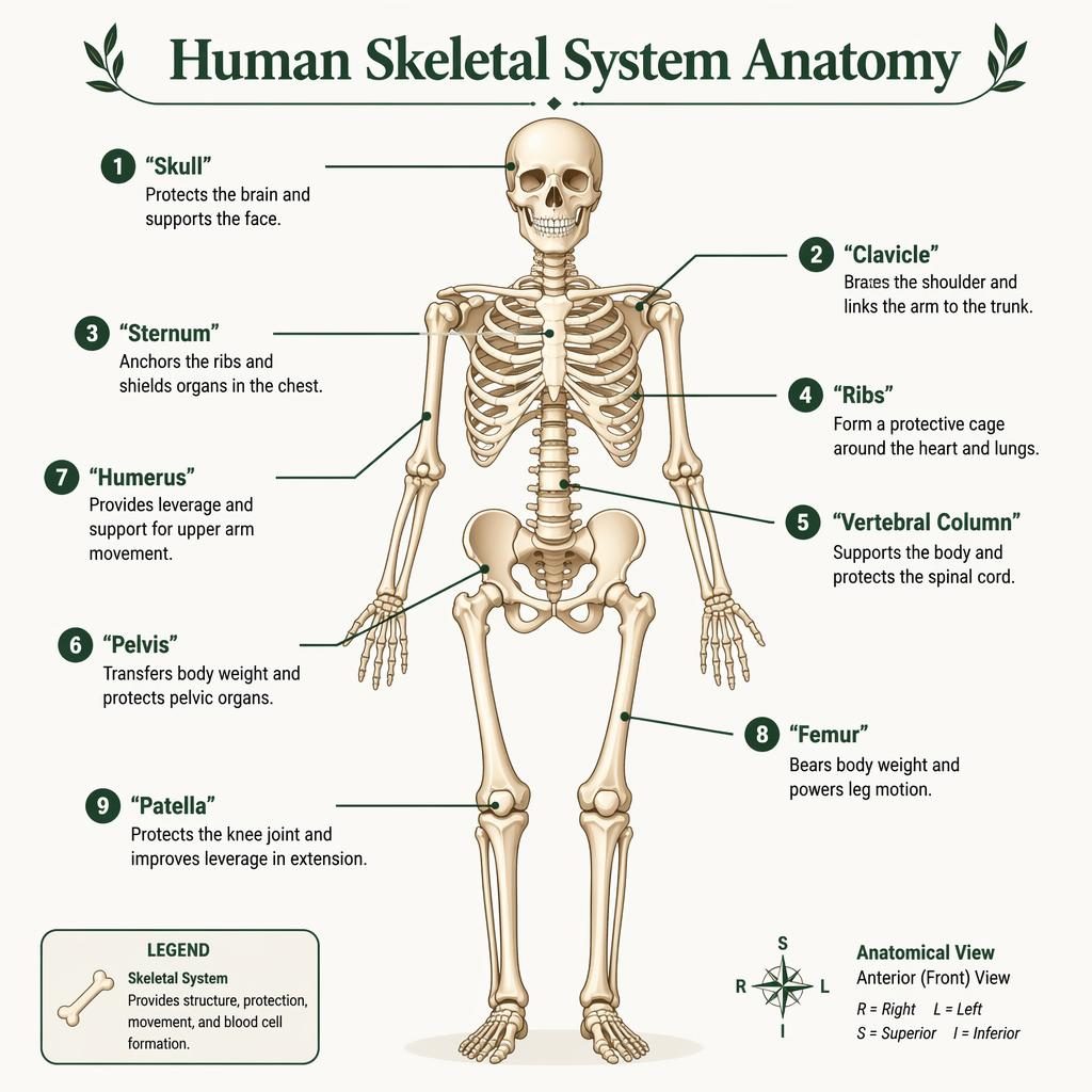 Infographic of the full human skeleton in anterior view with 9 labeled bones, thin leader lines, and a small legend.