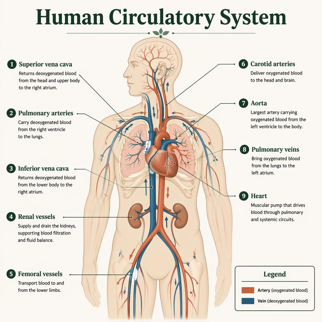 Flat anatomy infographic of the human circulatory system with 9 labeled vessels, heart, arrows, and artery-vein legend.