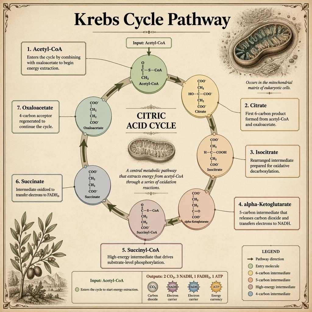 Infografía biológica del ciclo de Krebs en diagrama circular con 7 etiquetas en inglés, flechas, entradas y salidas.
