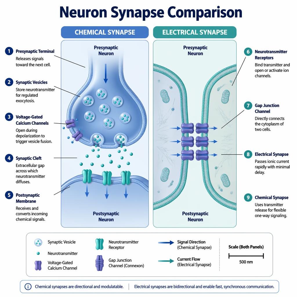 Labeled biology infographic comparing chemical and electrical synapses side by side with cross-sections, arrows, and 9 parts.