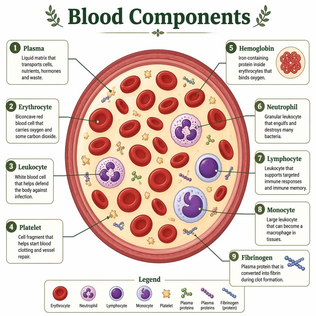 Scientific infographic of blood components with a vessel cross-section, labeled plasma, erythrocyte, leukocyte, platelet and cell types.