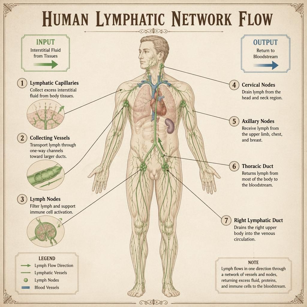 Vintage-style full-body lymphatic pathway infographic with labeled vessels, nodes, ducts, arrows, and anatomical captions