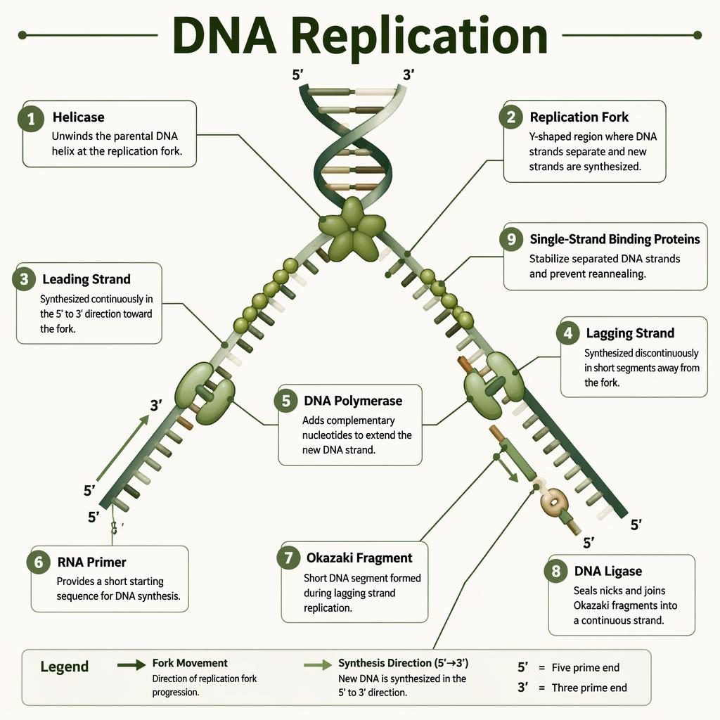 Scientific infographic of DNA replication fork with 9 labeled parts, strand direction, enzymes, RNA primers, and Okazaki fragments.