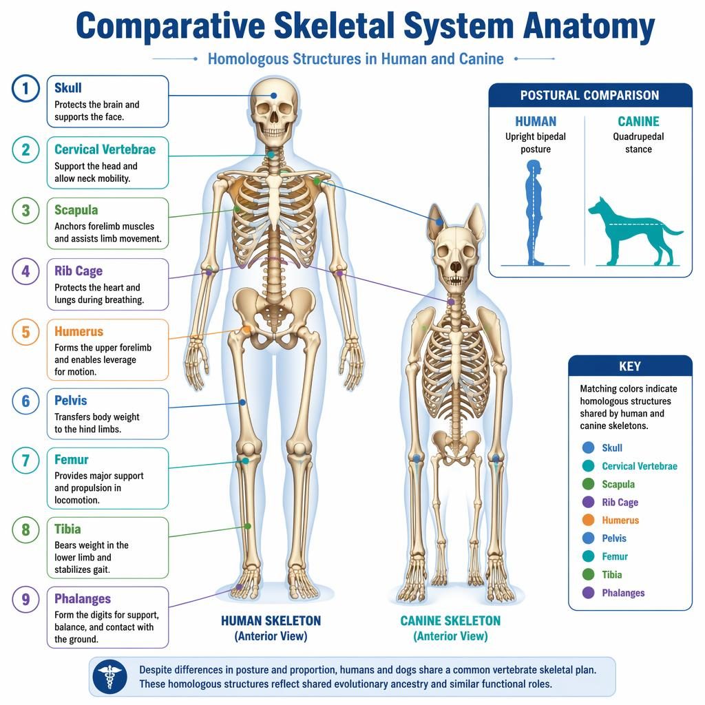 Educational infographic comparing human and canine skeletons with 9 labeled bones, clinical blue palette, white background.