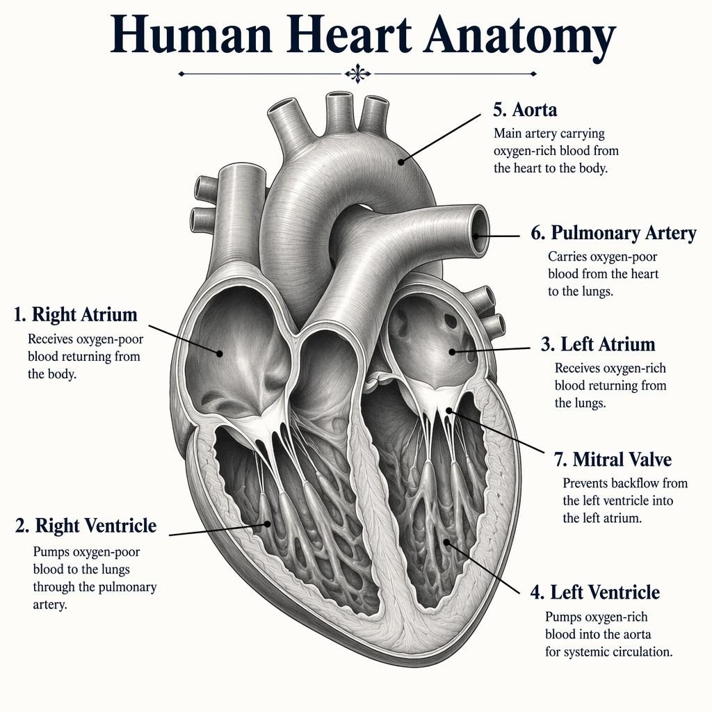 Monochrome human heart cross-section infographic with 7 labeled parts, leader lines, and English function captions.