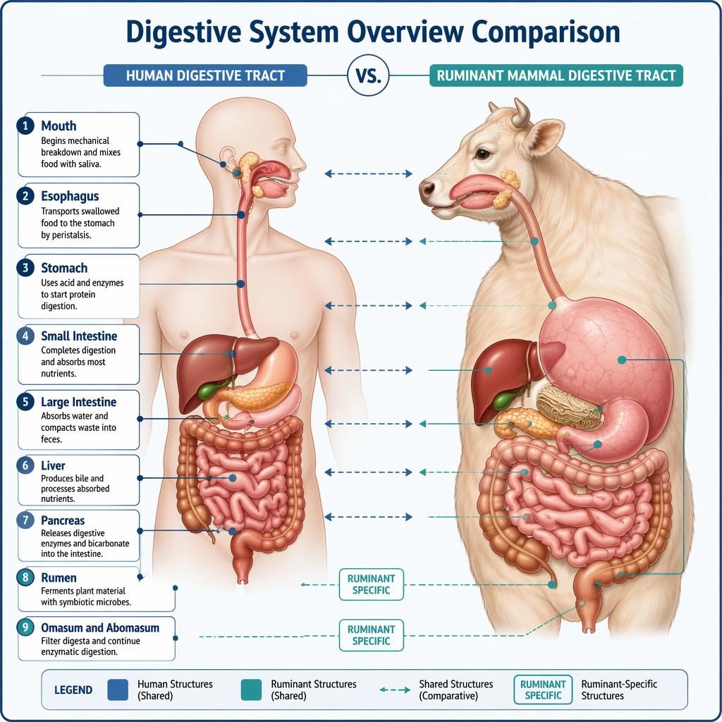 Labeled infographic comparing human and ruminant digestive systems with 9 organ callouts, legend, and clean blue anatomy art.