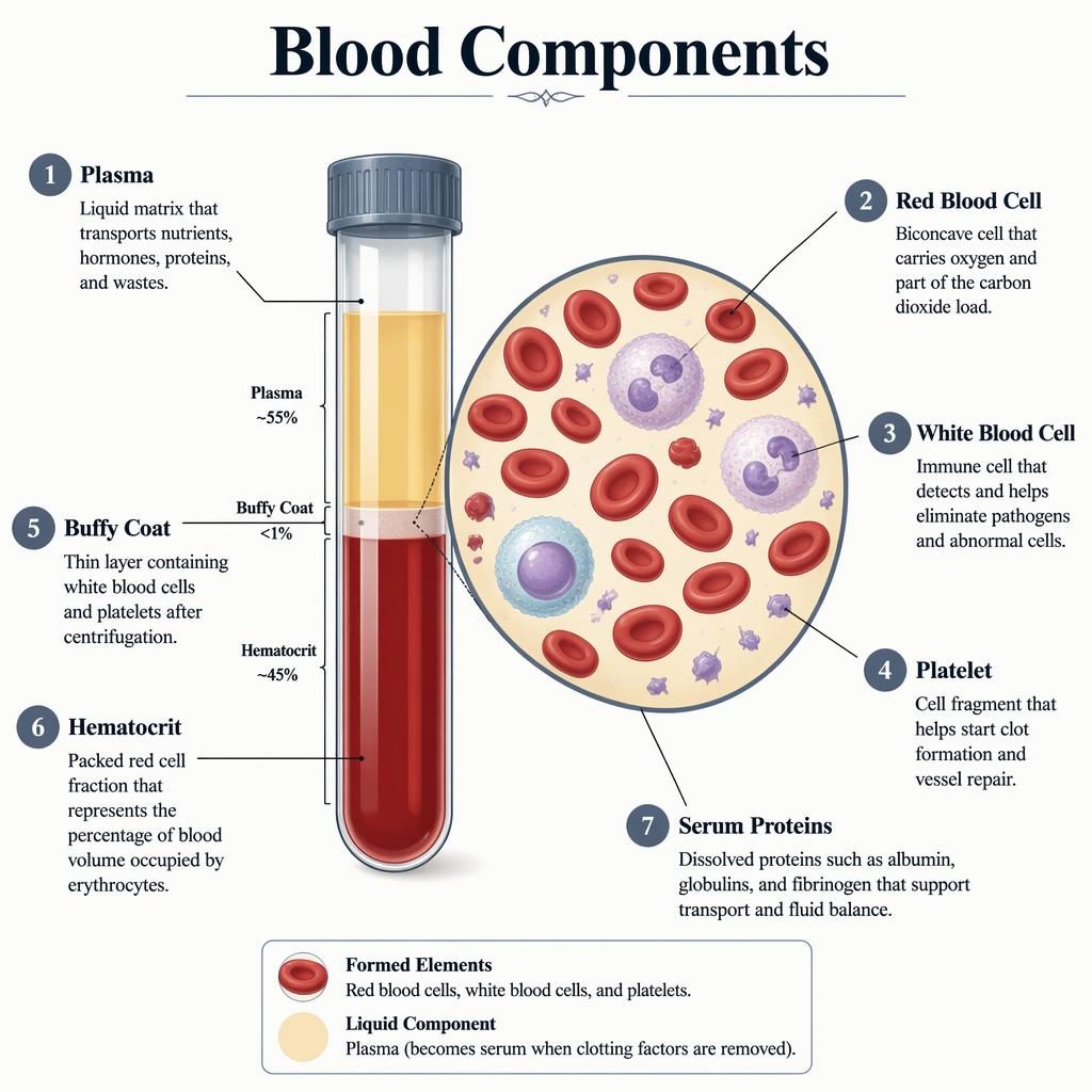 Medical infographic of blood components with a test tube cross-section, magnified cells, and 7 English labels in grayscale.
