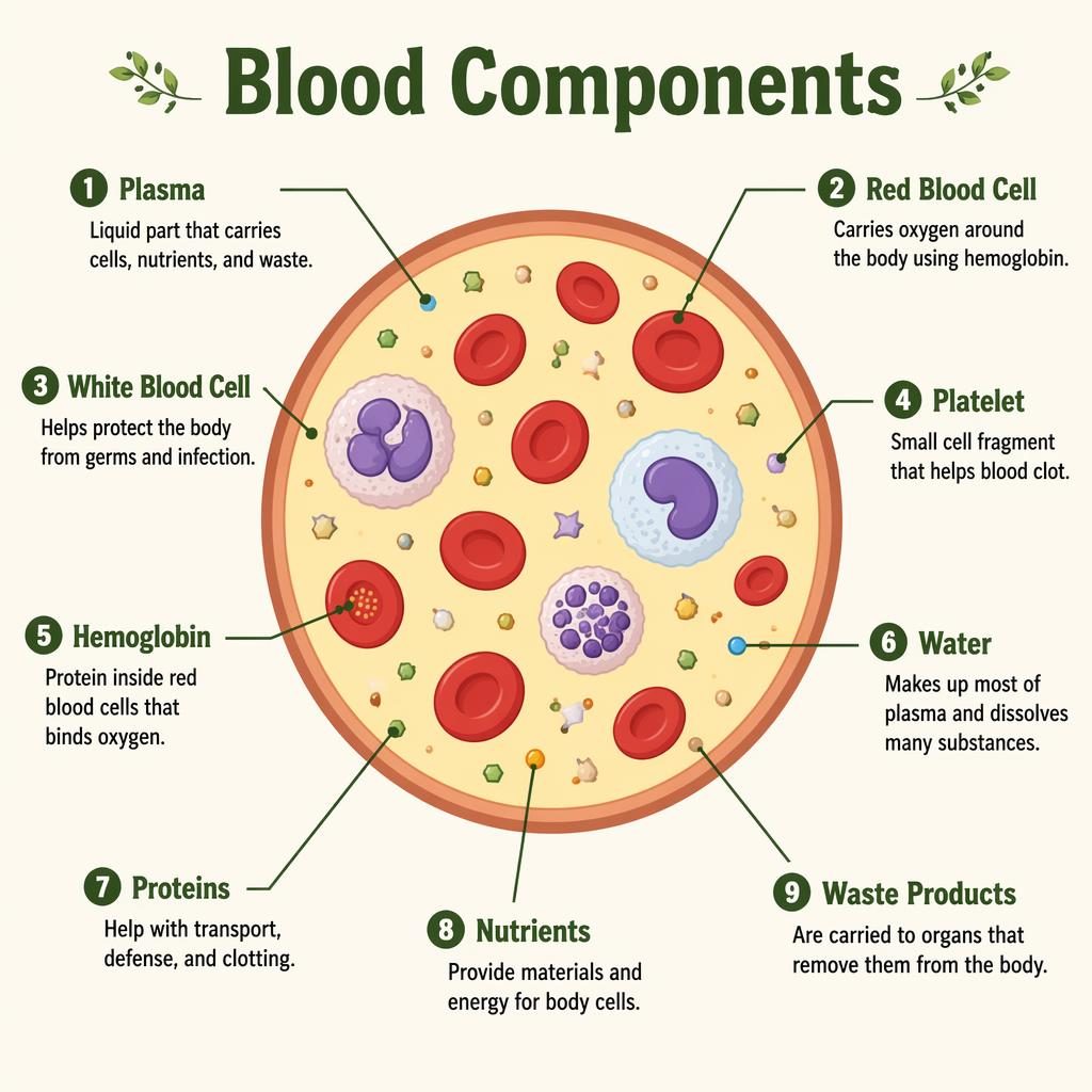 Flat scientific infographic of blood components with labeled plasma, blood cells, platelets, and dissolved substances