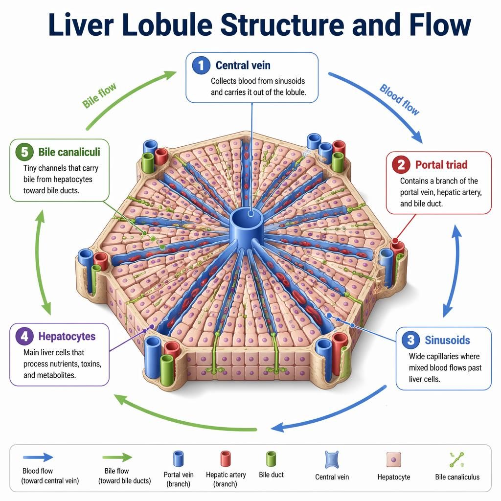 Educational isometric 3D liver lobule infographic with 5 labels, portal triads, central vein, sinusoids, hepatocytes, and bile flow arrows.