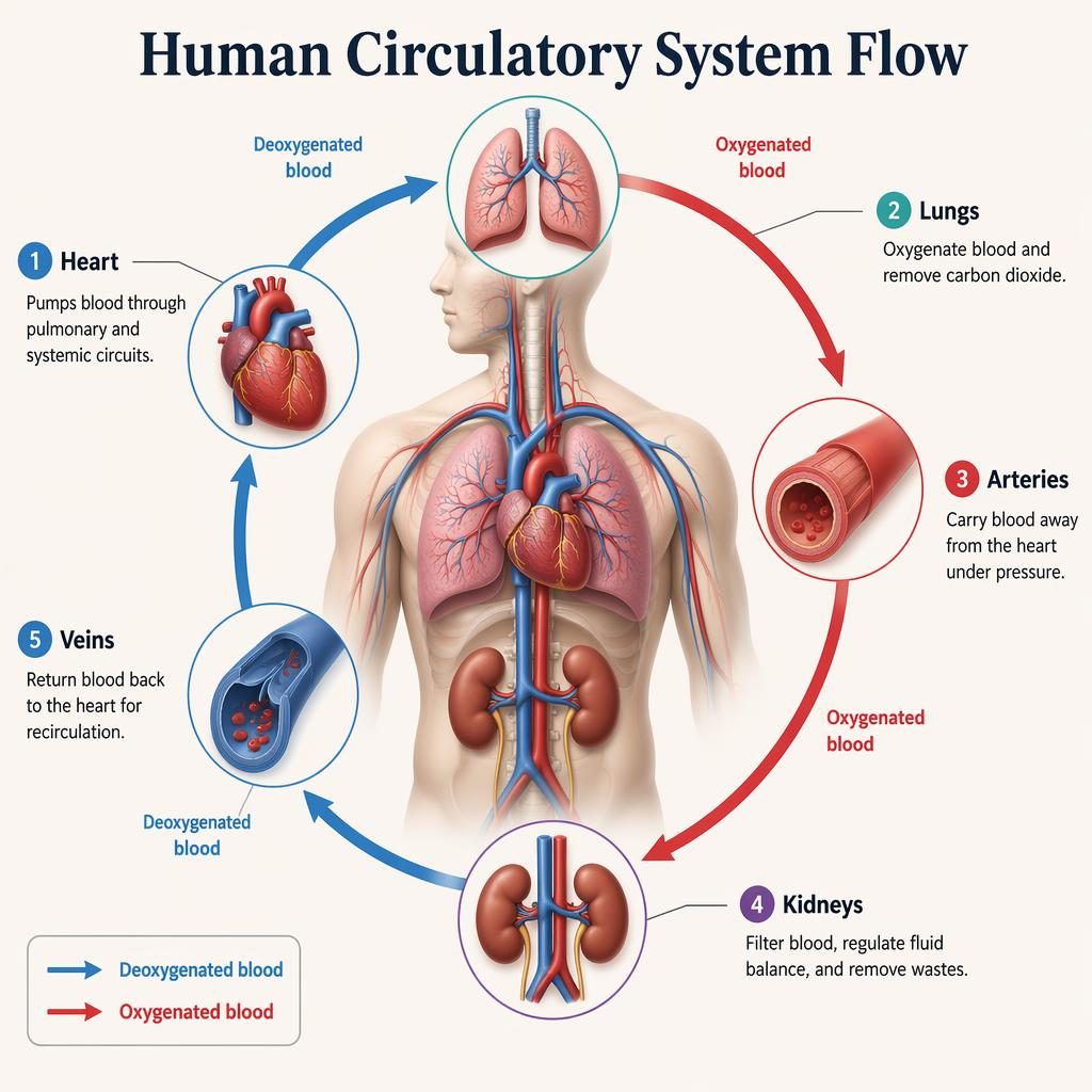 Isometric 3D infographic of the human circulatory system with heart, lungs, arteries, veins, and kidneys labeled in a circular flow.