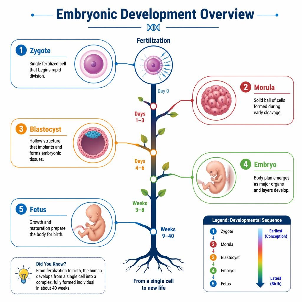 Vector biology infographic of human embryonic development tree with 5 labeled stages, arrows, legend, and bright colors.