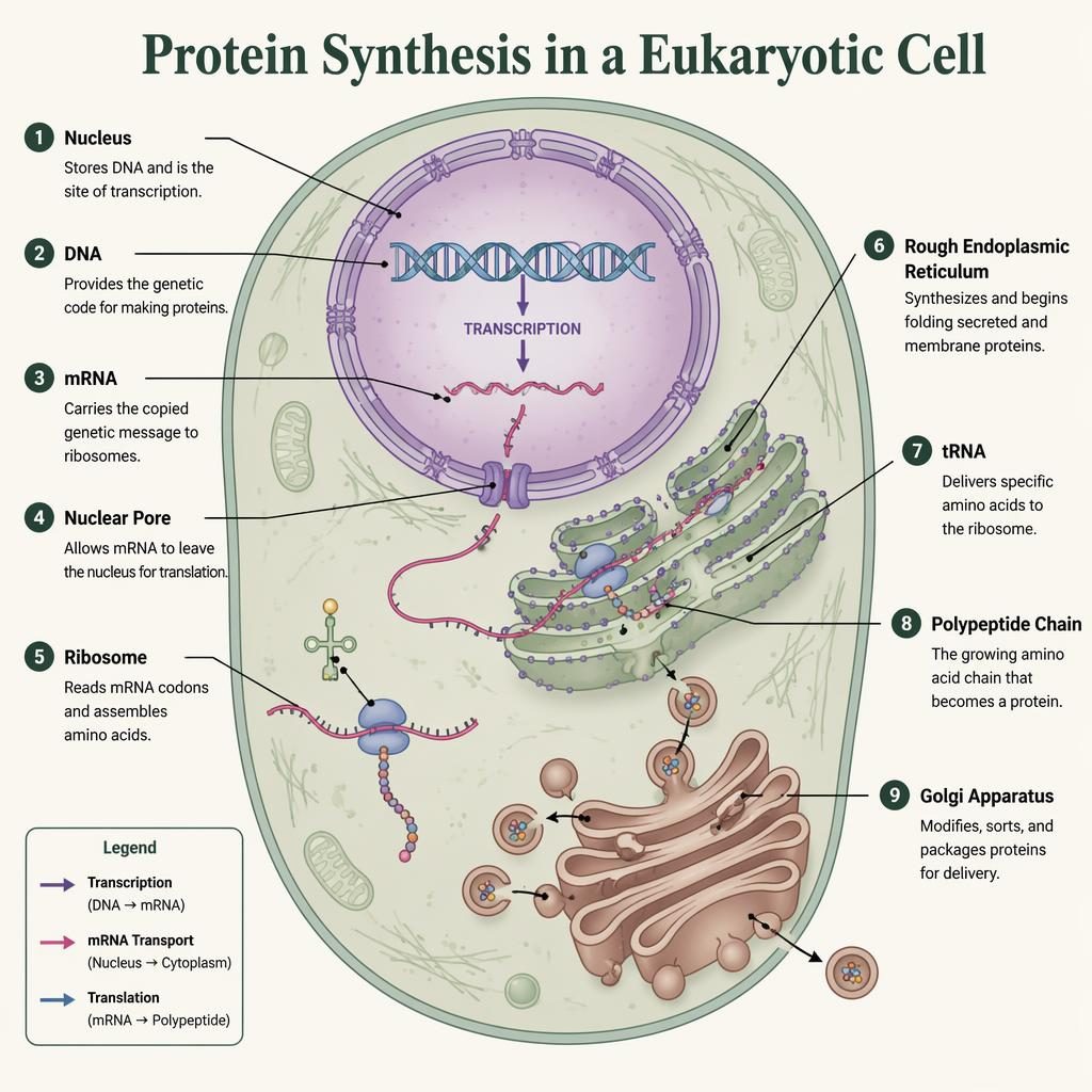 Biological infographic of a eukaryotic cell cross-section showing protein synthesis with 9 labeled parts and pathway callouts.