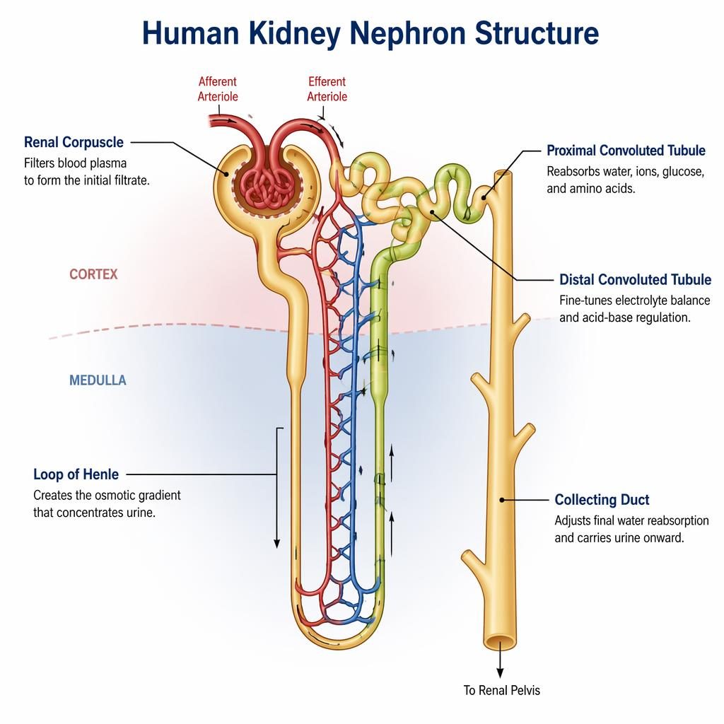 Clean medical infographic of a human nephron with 5 labels, blood supply, cortex and medulla shading on white.