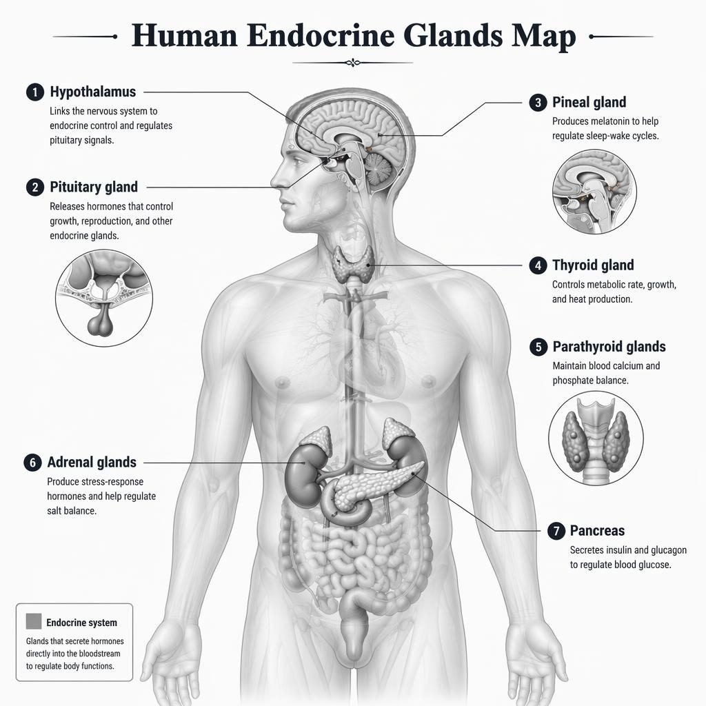 Grayscale human endocrine glands map infographic with 7 labeled glands, leader lines, and clean anterior anatomy diagram.