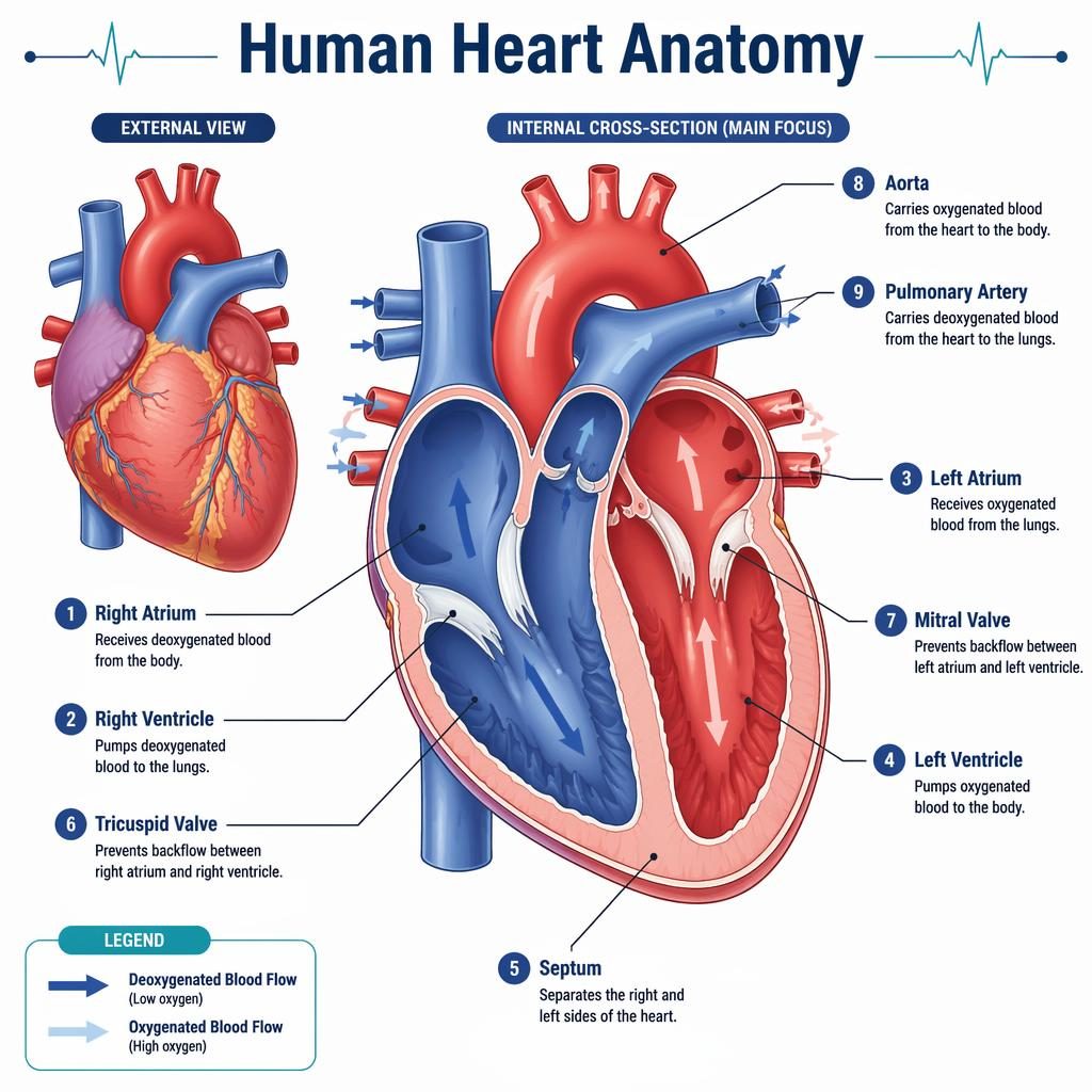 Educational human heart anatomy infographic with external view, internal cross-section, 9 labels, arrows, and flow legend.