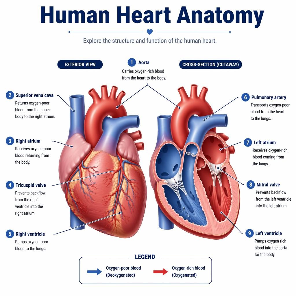 Educational heart diagram infographic with exterior heart view, cutaway cross-section, 9 labeled parts, and blue-red flow legend.