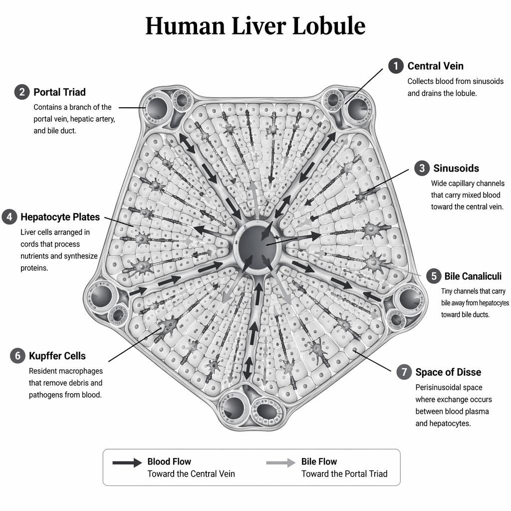 Monochrome medical infographic of a labeled human liver lobule with 7 callouts, central vein, portal triads, sinusoids, and bile flow.