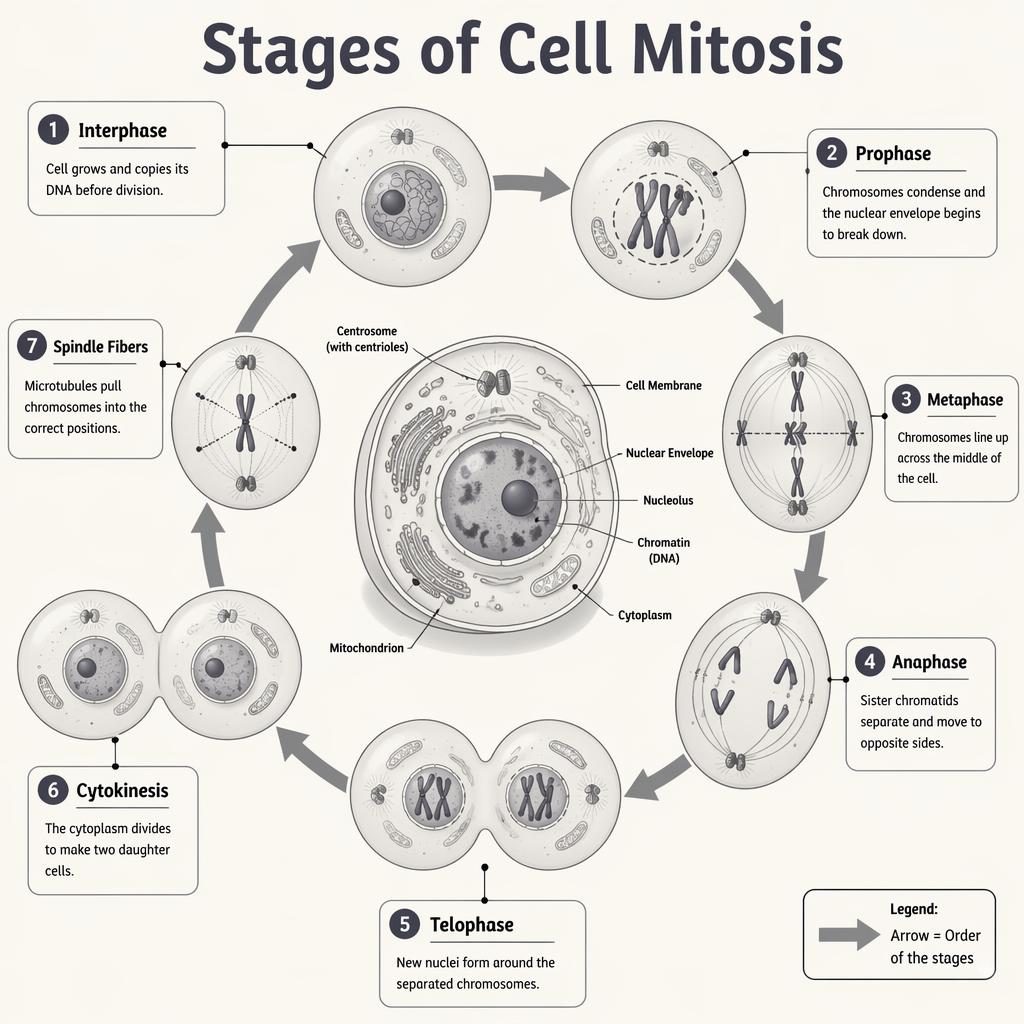 Biology infographic shows a circular mitosis cycle with 7 labeled animal cell stages, arrows, and simple textbook notes.