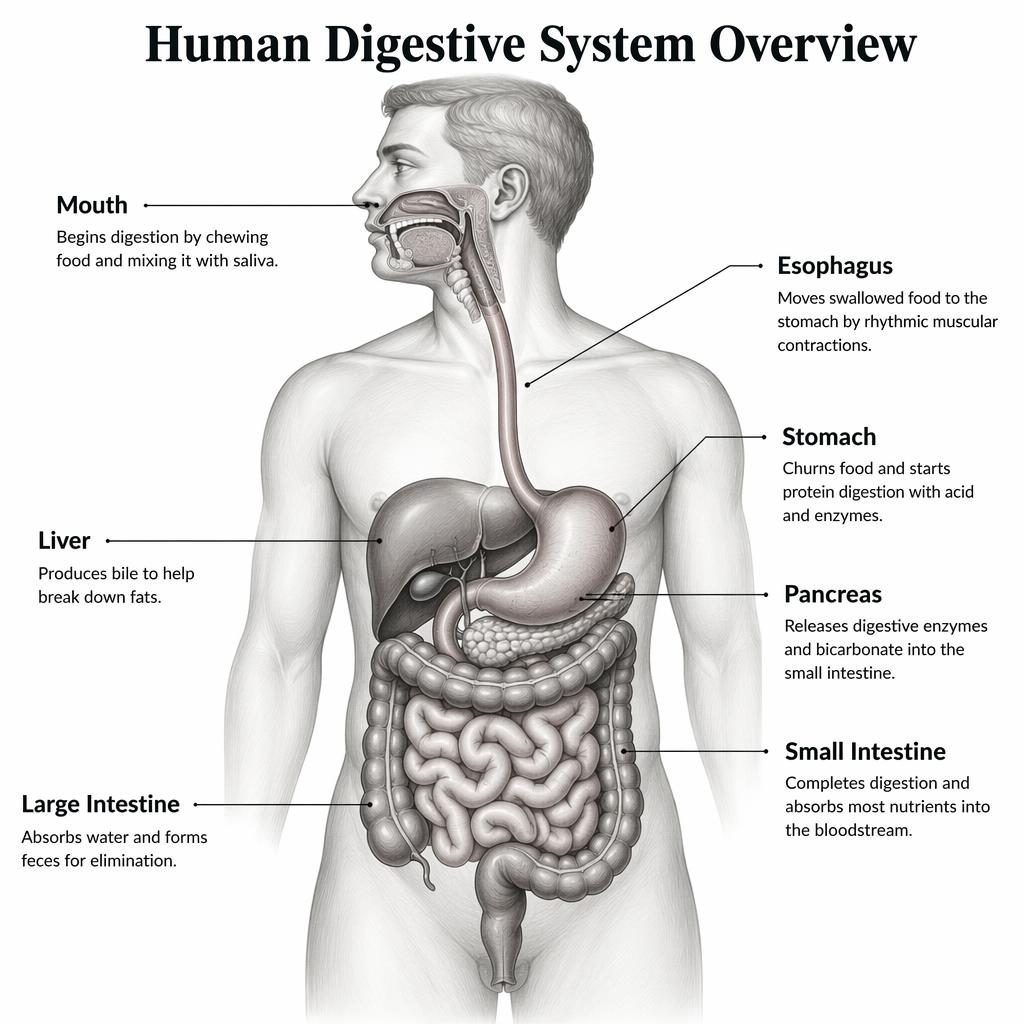 Monochrome medical infographic of the human digestive system with 7 labeled organs and one-line function captions.