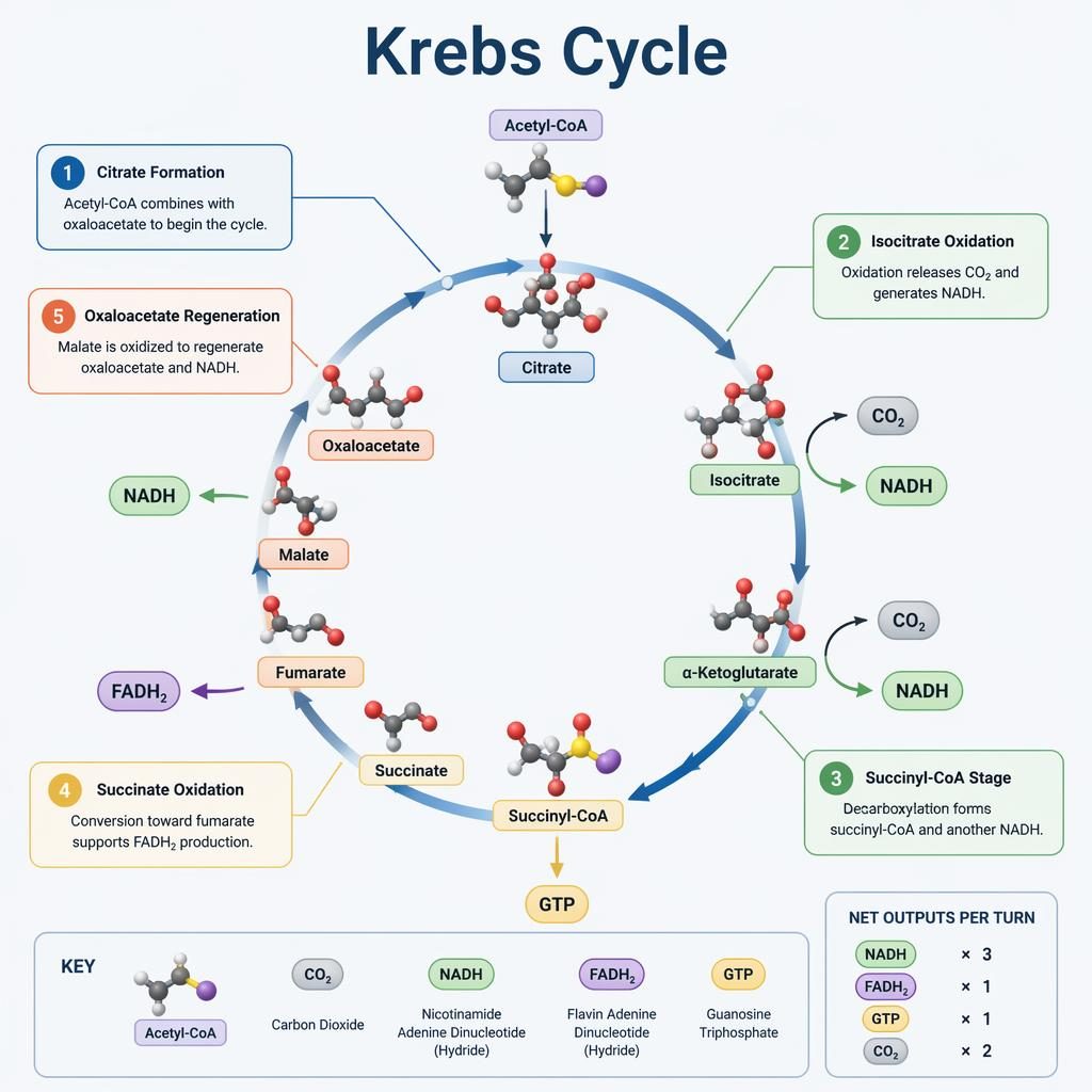 Isometric Krebs cycle infographic with 5 labeled stages, arrows, and molecule markers in a pastel clinical style