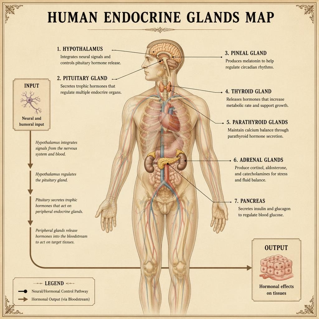 Vintage-style human endocrine glands map with 7 labeled organs, flow arrows, leader lines, and full-body anterior anatomy.