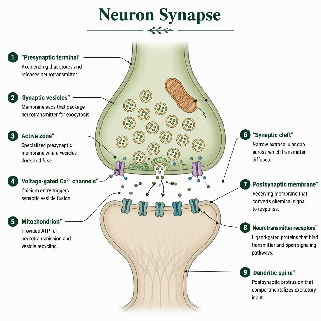 Infografía anatómica de una sinapsis química con 9 etiquetas, vesículas, hendidura sináptica y receptores