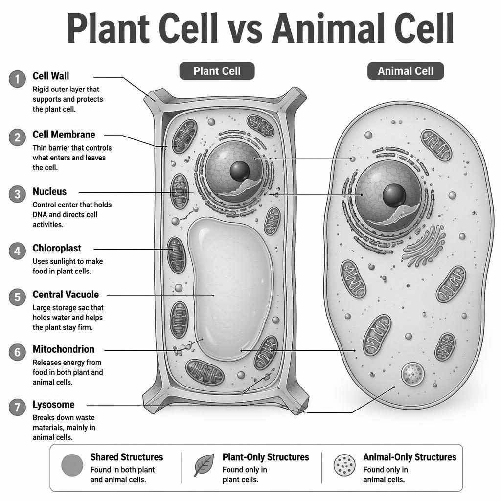 Monochrome infographic comparing plant and animal cells with 7 labeled parts, headings, leader lines, and legend.